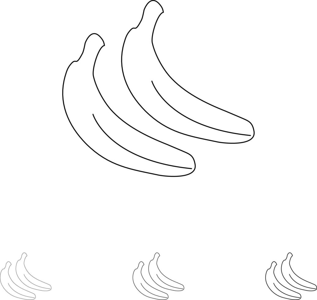 banana comida fruta conjunto de ícones de linha preta fina e ousada vetor