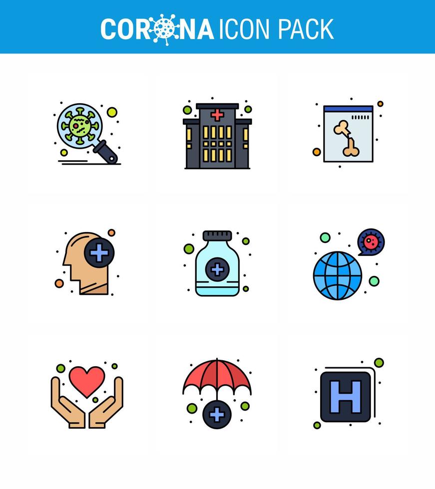 conjunto de ícones covid19 para pacote de cores planas de linha cheia de infográfico 9, como pílulas de frasco de xarope, saúde humana, coronavírus viral, elementos de design de vetor de doença de 2019nov