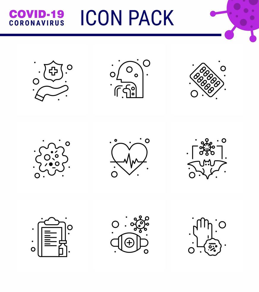 conjunto de ícones covid19 para pacote infográfico de 9 linhas, como cápsula de vírus cardíaco, infecção patogênica, coronavírus viral, doença de 2019nov, elementos de design vetorial vetor