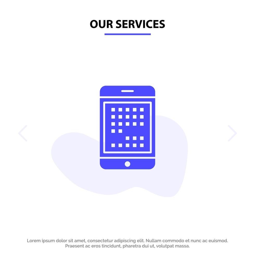 nossos serviços telefone computador dispositivo digital ipad móvel ícone glifo sólido modelo de cartão da web vetor