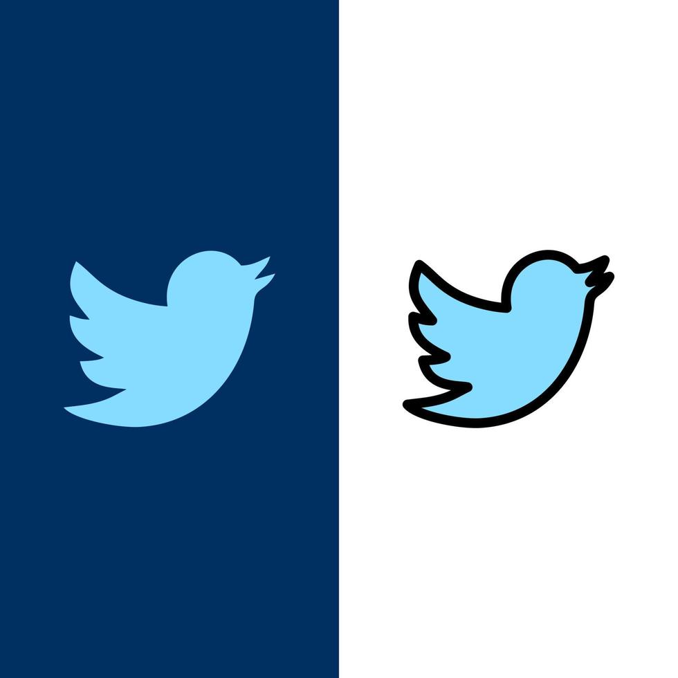 ícones sociais do twitter de rede plana e conjunto de ícones cheios de linha vector fundo azul