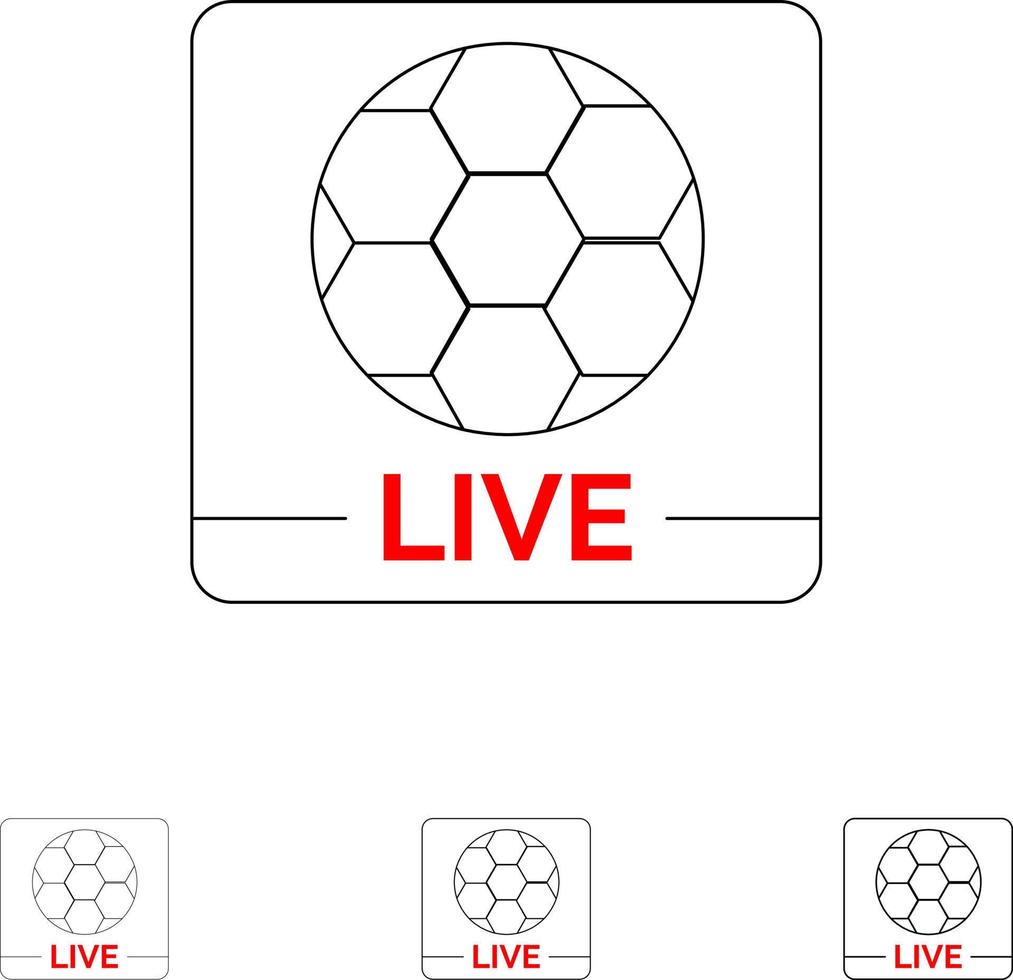 tela de jogo ao vivo futebol conjunto de ícones de linha preta fina e ousada vetor