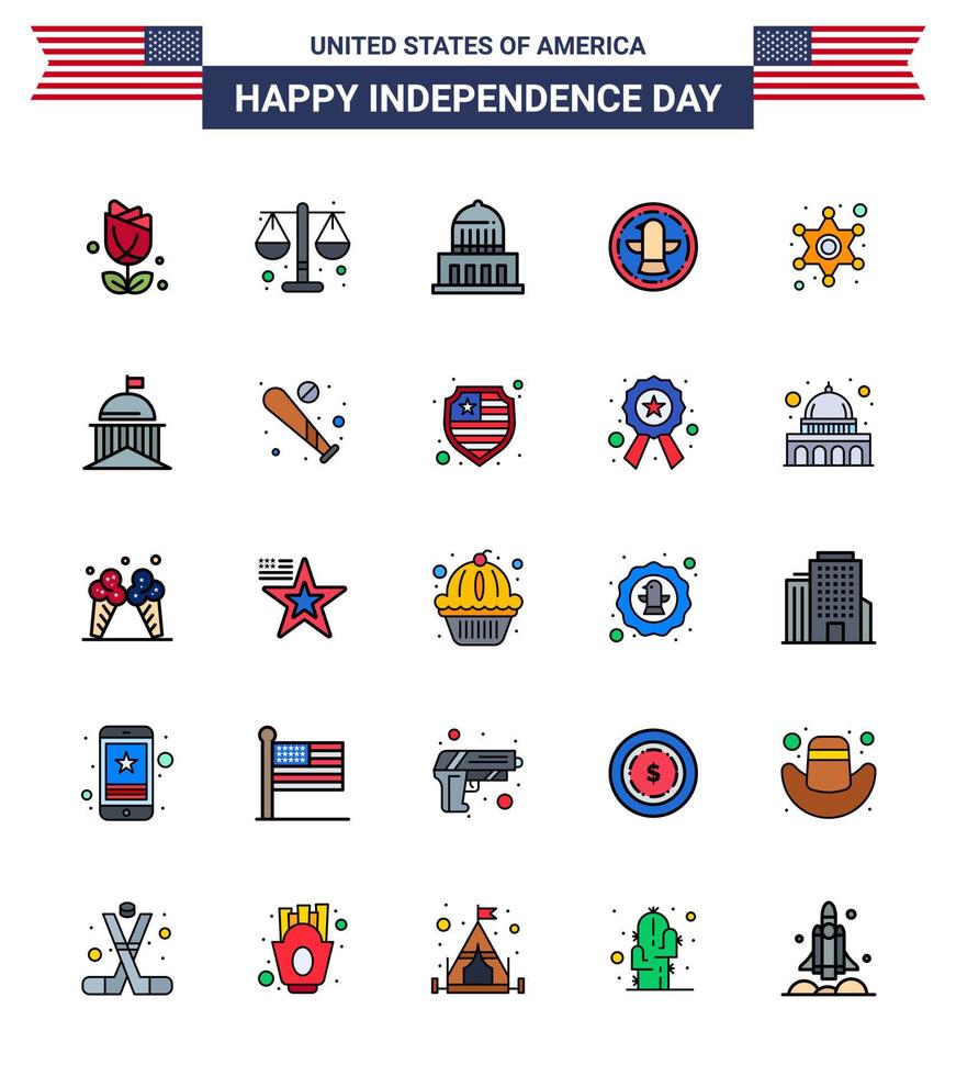 conjunto de 25 ícones do dia dos eua símbolos americanos sinais do dia da independência para a celebração do edifício da águia policial americano editável elementos de design do vetor do dia dos eua