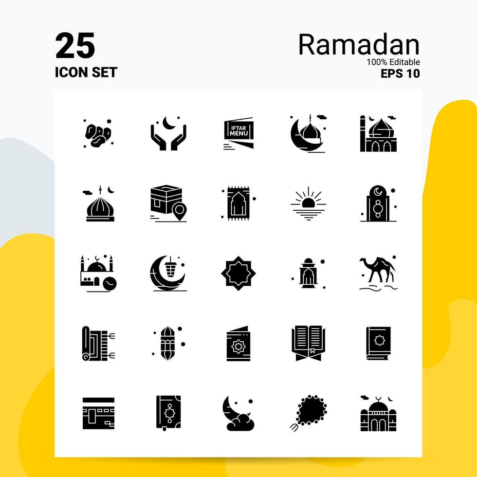 25 conjunto de ícones do Ramadã 100 eps editáveis 10 arquivos ideias de conceito de logotipo de negócios design de ícone de glifo sólido vetor