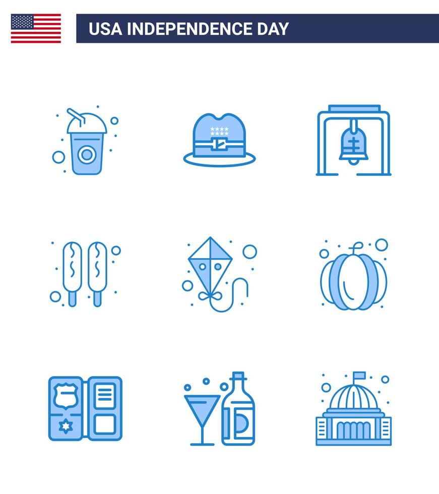 9 ícones criativos dos eua, sinais modernos de independência e símbolos de 4 de julho do sino de verão americano pipa cachorro-quente editável dia dos eua vetor elementos de design