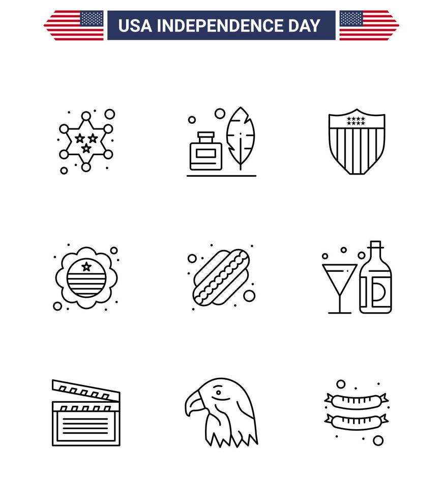 9 ícones criativos dos eua sinais modernos de independência e símbolos de 4 de julho de distintivo de cachorro-quente país de bandeira internacional americana editável dia dos eua vetor elementos de design