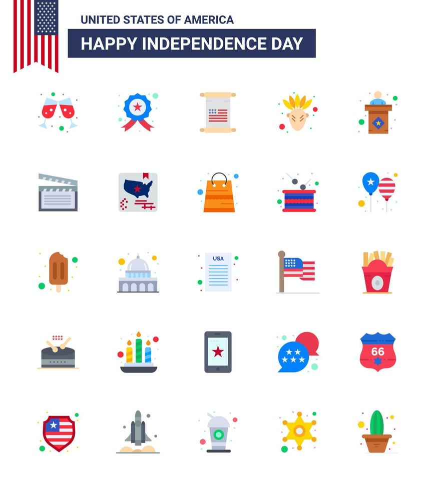 feliz dia da independência 25 pacotes de ícones de apartamentos para web e texto de eleição de sinal de impressão eua nativo americano editável elementos de design de vetor de dia dos eua