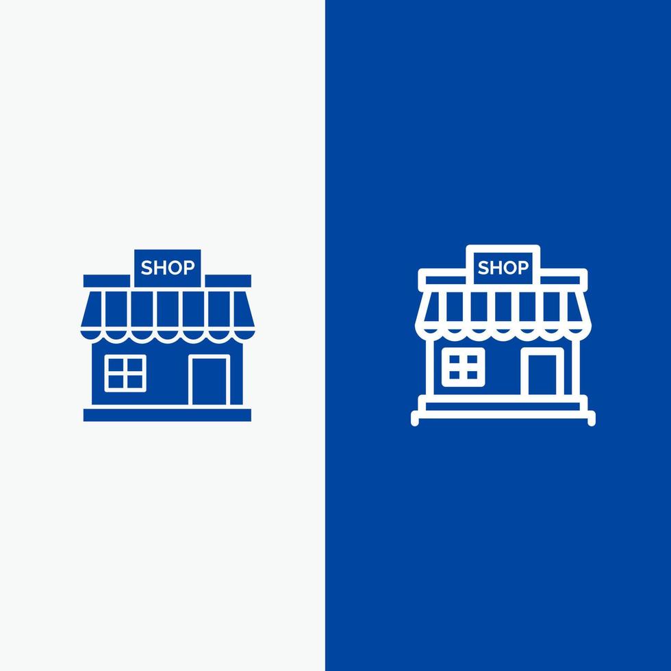 loja de loja linha de mercado de loja online e glifo ícone sólido azul bandeira vetor