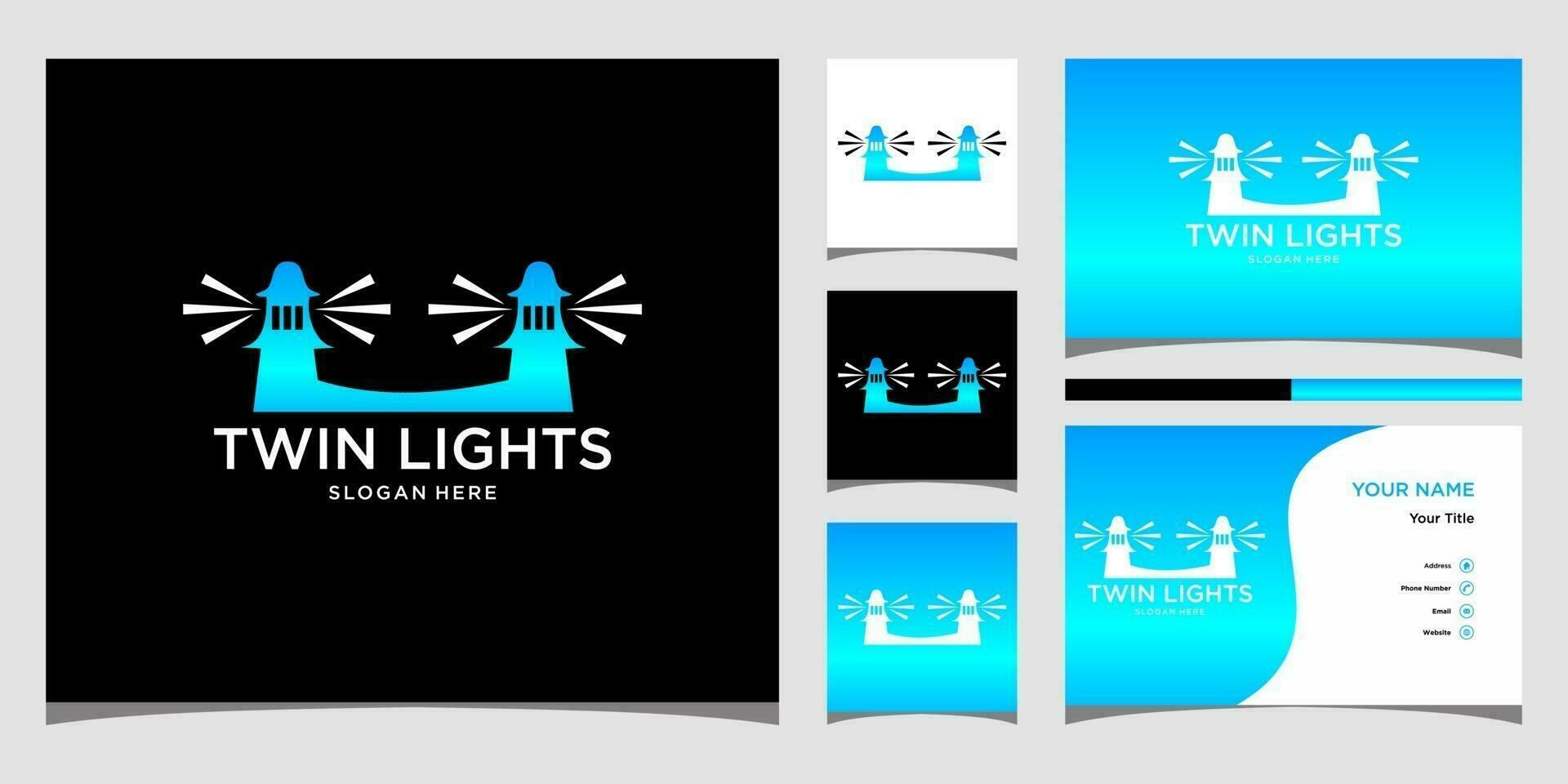 modelos de logotipo com luzes gêmeas e design de cartão de visita vetor