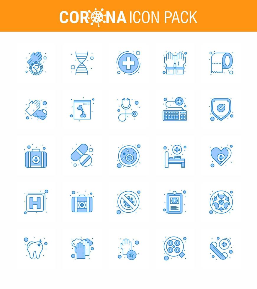 25 conjunto de ícones de emergência de coronavírus design azul, como limpeza de tecidos, saúde, mão segura, vírus viral, elementos de design de vetor de doença de 2019nov