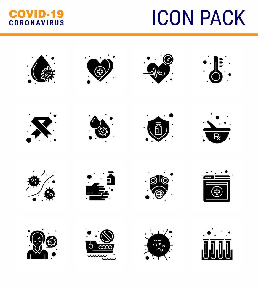 doença do vírus corona 16 pacote de ícones pretos de glifos sólidos sugam como aids temperatura batida medicina cuidados virais coronavírus doença 2019nov vetor elementos de design