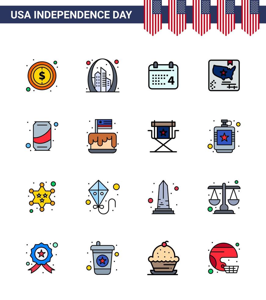 16 pacote de linhas planas dos eua com sinais e símbolos do dia da independência do mapa da cerveja bandeira dos eua americana editável dia dos eua vetor elementos de design