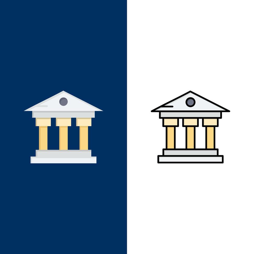 ícones de serviço de dinheiro de construção de banco plano e conjunto de ícones cheios de linha vector fundo azul
