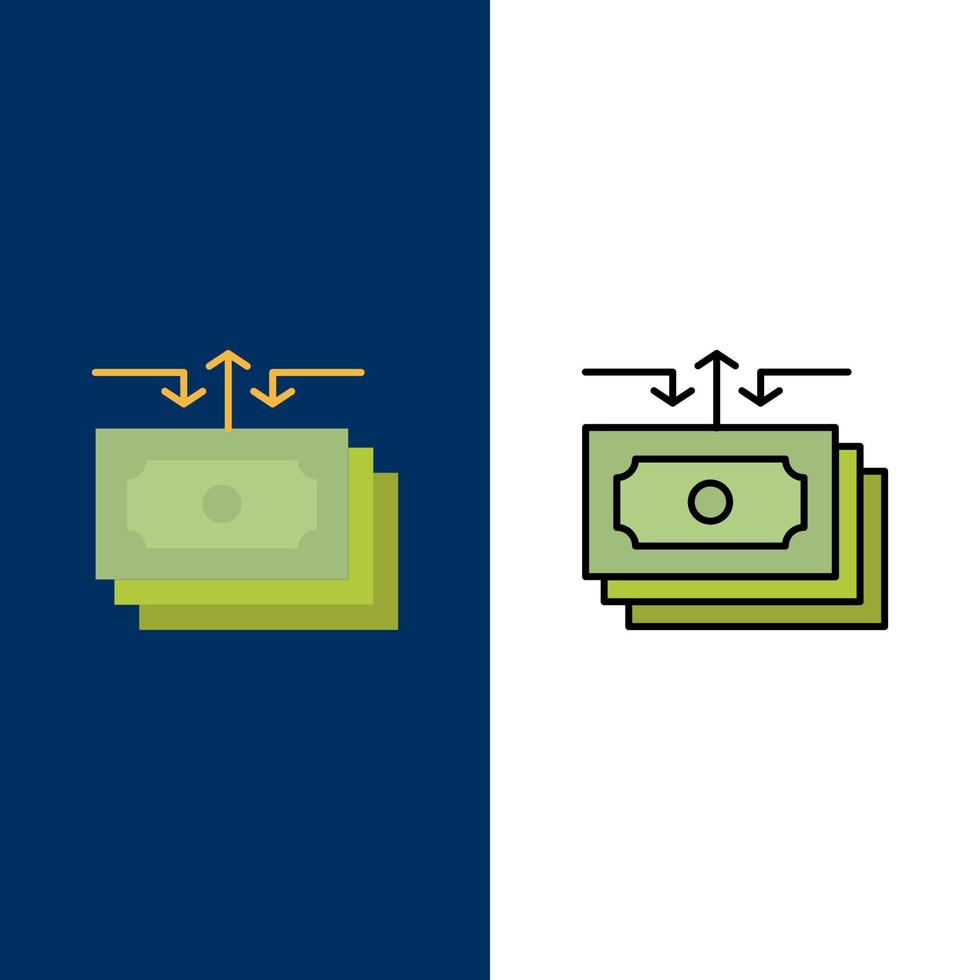 ícones de relatório de dinheiro de fluxo de dólar plano e conjunto de ícones cheios de linha vector fundo azul