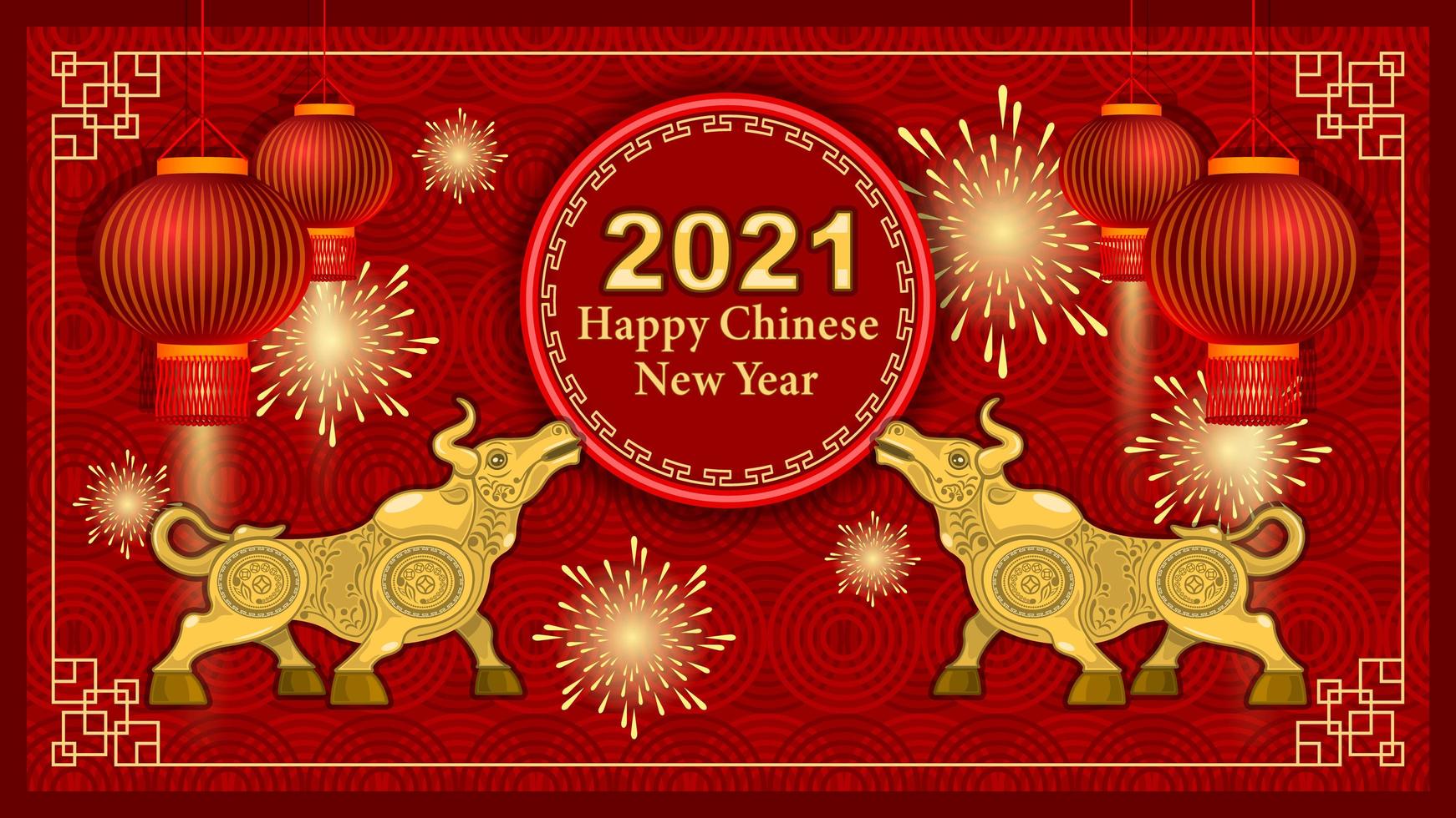 2021 touro de metal ouro e elementos de decoração em fundo vermelho vetor