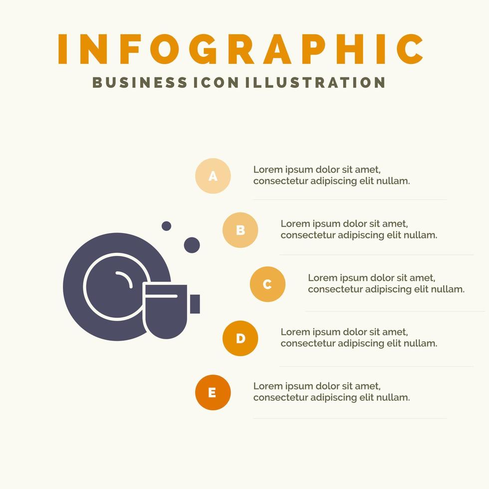 copo de prato limpando infográficos de ícone sólido fundo de apresentação de 5 etapas vetor