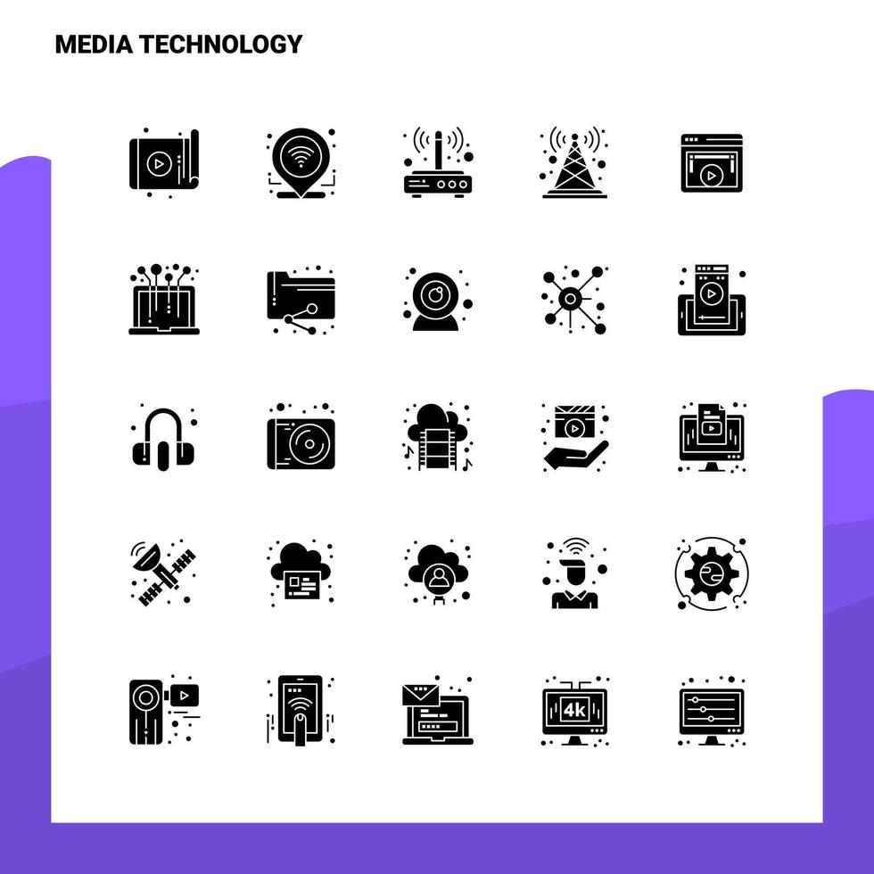 25 ícones de tecnologia de mídia definem modelo de ilustração vetorial de ícone de glifo sólido para web e ideias móveis para empresa de negócios vetor