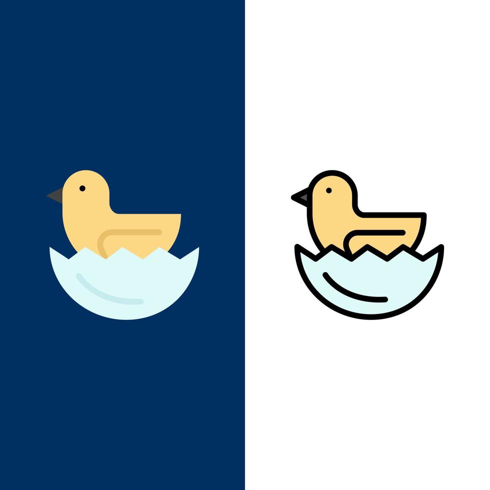 ícones de páscoa de ovo de pato plano e conjunto de ícones cheios de linha vector fundo azul