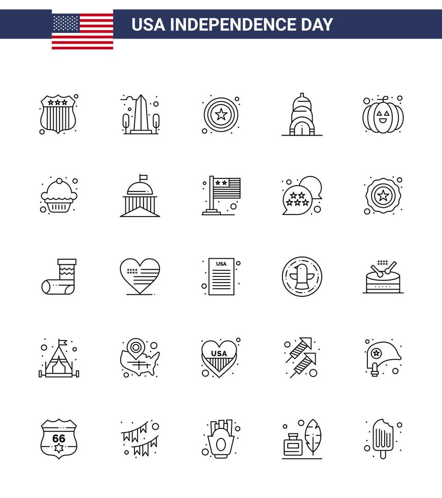 pacote de ícones vetoriais de ações do dia americano 25 linha sinais e símbolos para construção de comida de polícia de abóbora de bolo editável elementos de design de vetor de dia dos eua