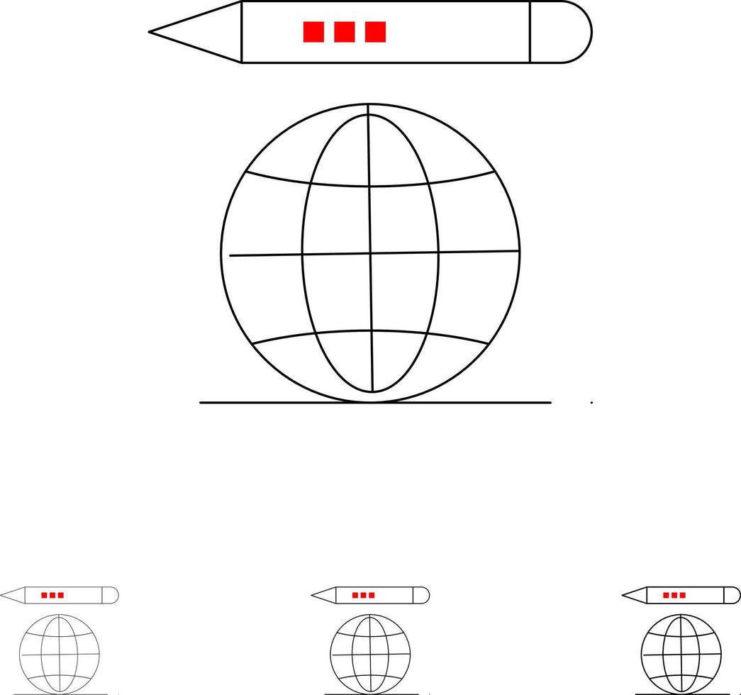 lápis de globo de educação mundial conjunto de ícones de linha preta em negrito e fino vetor