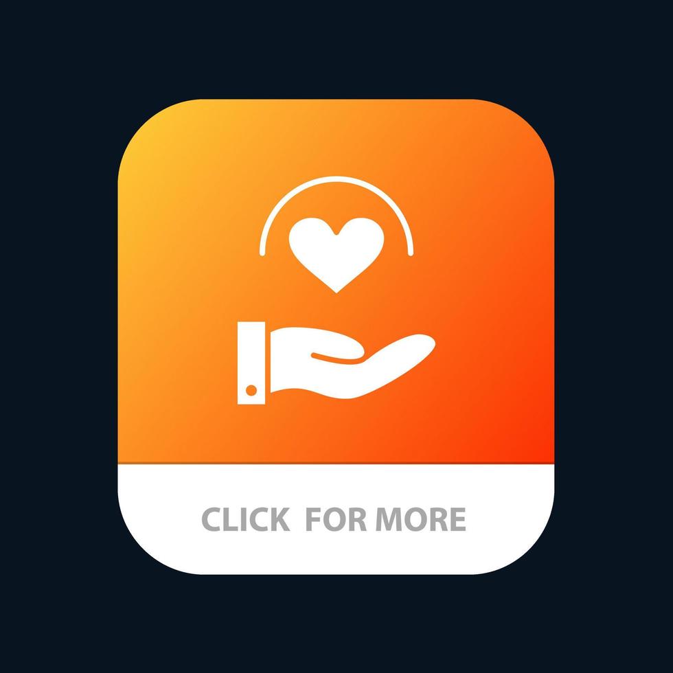 botão de aplicativo móvel de mão de coração de cuidados médicos versão de glifo android e ios vetor