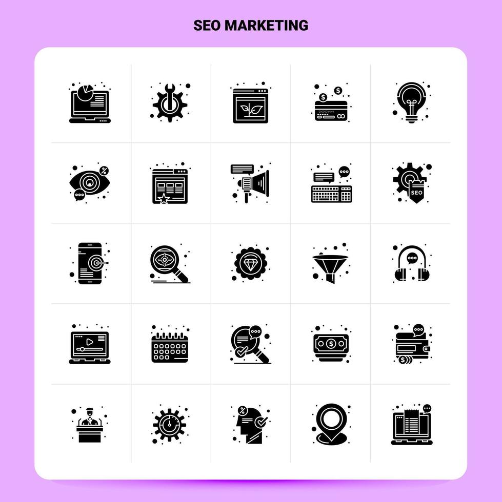 conjunto de ícones de marketing de 25 seo sólido design de estilo de glifo vetorial conjunto de ícones pretos web e design de ideias de negócios móveis ilustração em vetor