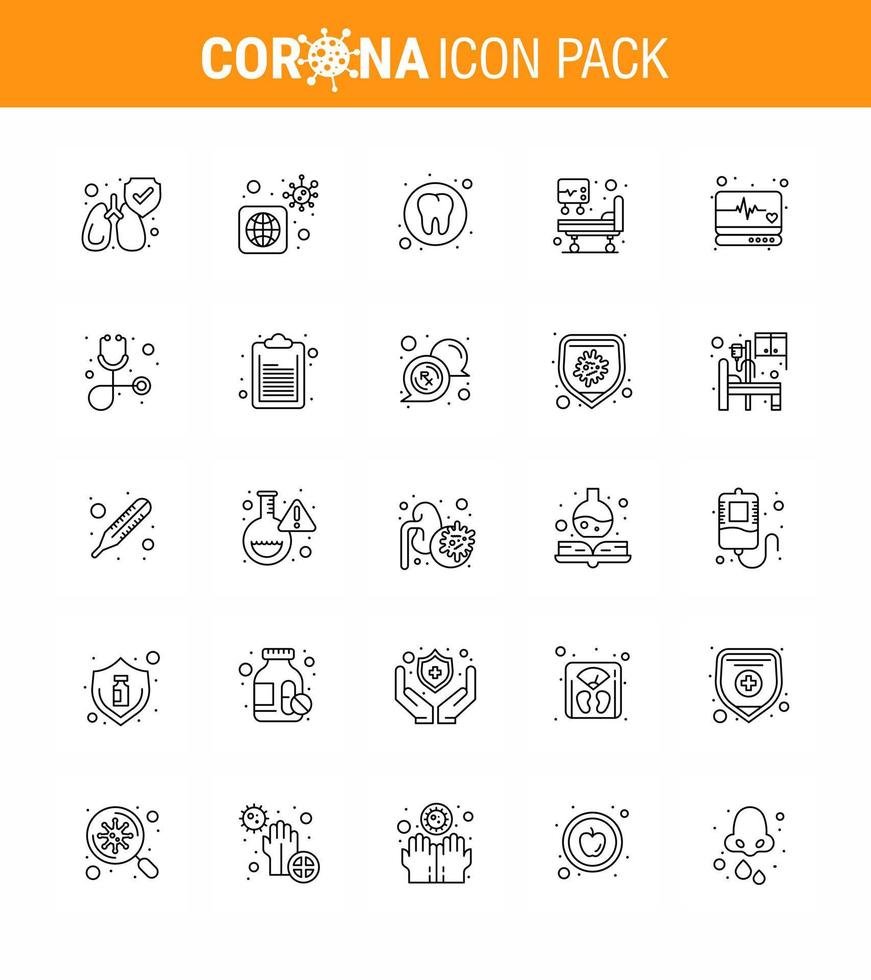 conjunto de ícones de 25 linhas de proteção covid19, como monitor médico, emergência de saúde médica, coronavírus viral, elementos de design de vetor de doença de 2019nov