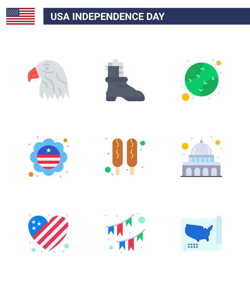 9 pacote plano eua de sinais do dia da independência e símbolos de comida corn dog beisebol distintivo bandeira editável eua dia vetor elementos de design