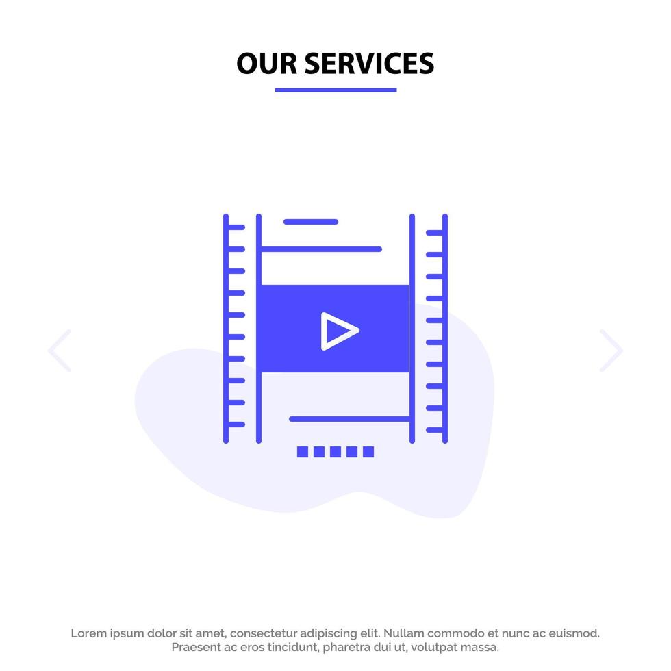 nossos serviços vídeo lição filme educação modelo de cartão web ícone glifo sólido vetor