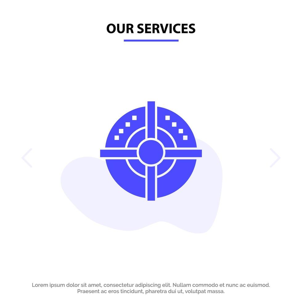 nossos serviços modelo de cartão da web de ícone de glifo sólido ponto de estratégia de alvo vetor