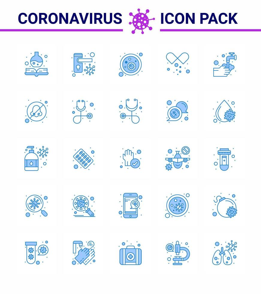 ícone de dicas de precaução de coronavírus para apresentação de diretrizes de saúde 25 pacote de ícones azuis, como lavar as mãos, bactérias, cápsula aberta, pílulas médicas, coronavírus viral, design de vetor de doença de 2019nov