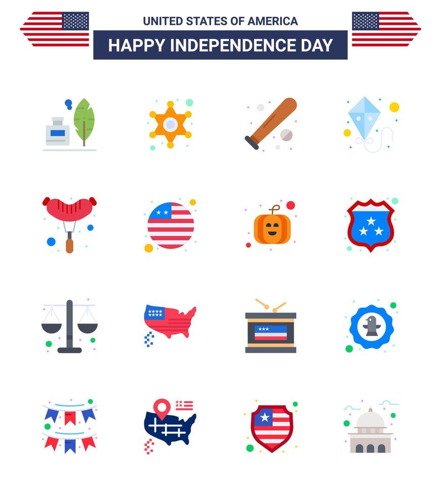 feliz dia da independência 4 de julho conjunto de 16 apartamentos pictograma americano de frankfurter bola voadora verão eua editável dia dos eua vetor elementos de design