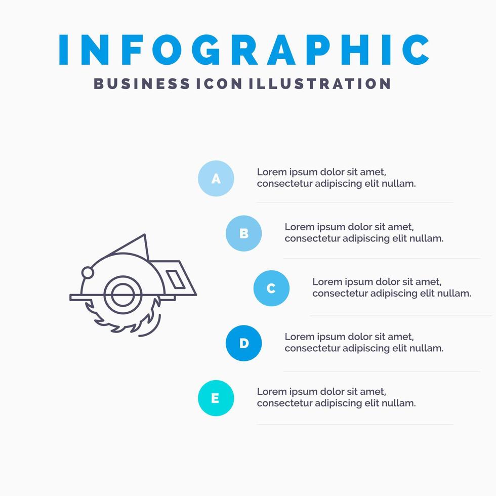 serra de construção serra circular ícone de linha de reparo de construção com fundo de infográficos de apresentação de 5 etapas vetor