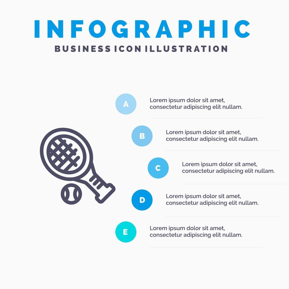 ícone de linha de esporte de tênis de raquete de bola com fundo de infográficos de apresentação de 5 etapas vetor