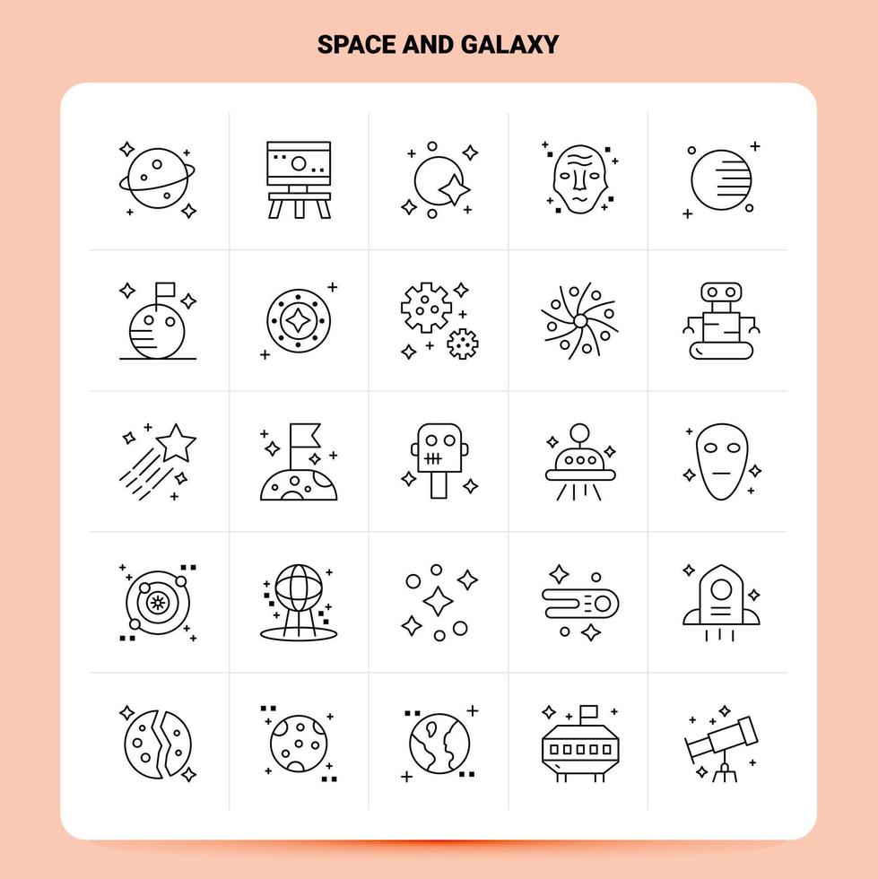 delinear 25 conjunto de ícones de espaço e galáxia vetor design de estilo de linha ícones pretos conjunto de pictograma linear pacote de ideias de negócios móveis e web design ilustração vetorial