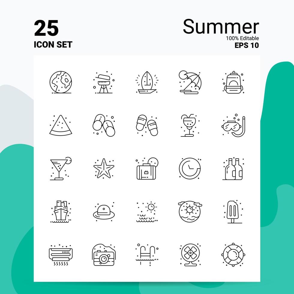 25 conjunto de ícones de verão 100 eps editáveis 10 arquivos de conceito de logotipo de negócios idéias de design de ícone de linha vetor