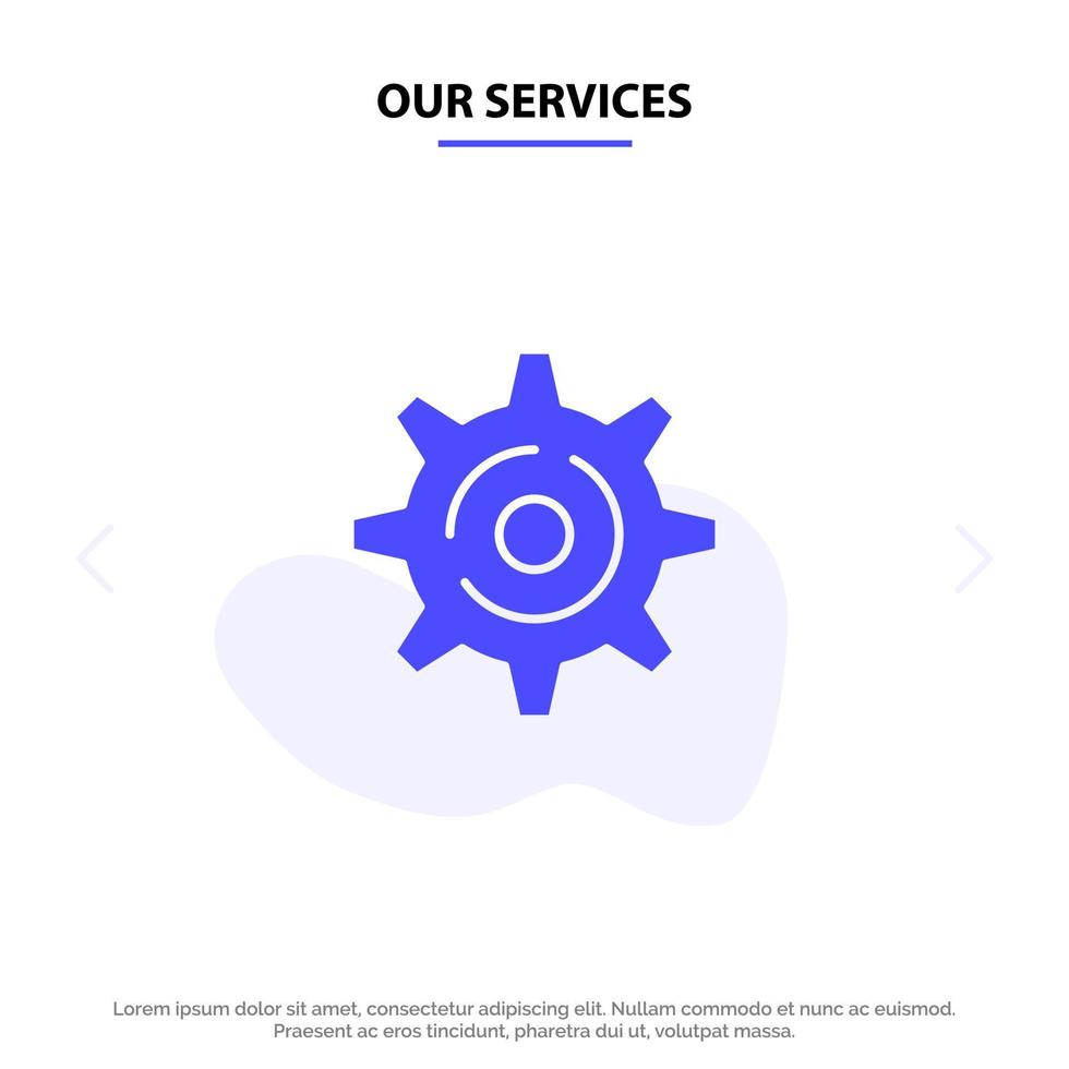 nossos serviços modelo de cartão da web de ícone de glifo sólido de configuração de engrenagem de internet vetor