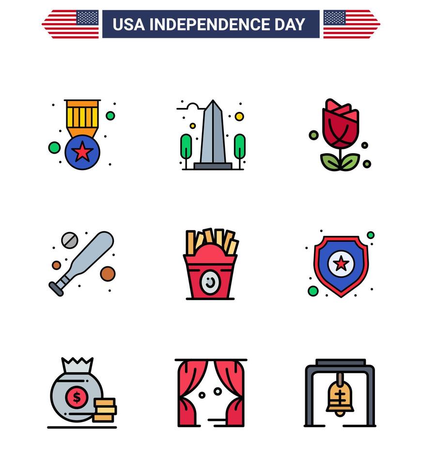 conjunto de 9 ícones do dia dos eua símbolos americanos sinais do dia da independência para fastfood hardball washington morcego plent editável dia dos eua vetor elementos de design