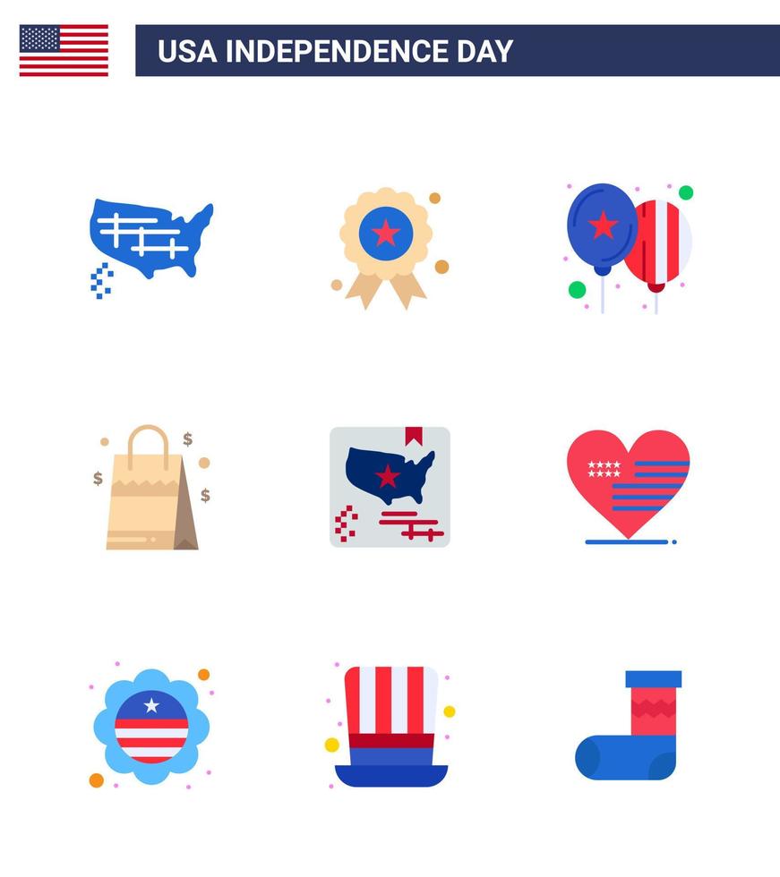 grupo de 9 apartamentos definidos para o dia da independência dos estados unidos da américa, como bandeira americana, balões, bolsa dos eua, editável, dia dos eua, vetor, elementos de design vetor