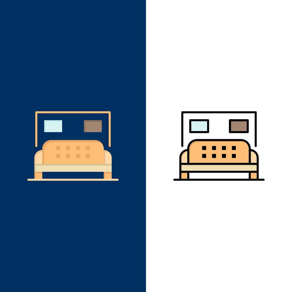 ícones de serviço de quarto de cama de hotel plano e conjunto de ícones cheios de linha vector fundo azul