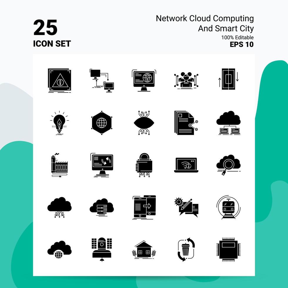 25 computação em nuvem de rede e conjunto de ícones de cidade inteligente 100 eps editáveis 10 arquivos idéias de conceito de logotipo de negócios design de ícone de glifo sólido vetor
