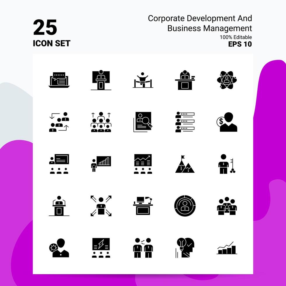 25 conjuntos de ícones de desenvolvimento corporativo e gerenciamento de negócios 100 eps editáveis 10 arquivos idéias de conceito de logotipo de negócios design de ícone de glifo sólido vetor