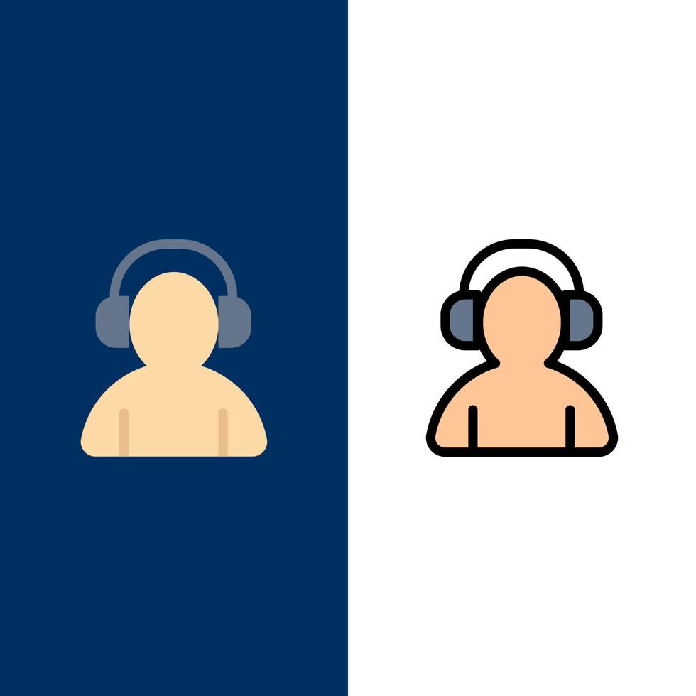 avatar suporte homem fone de ouvido ícones plano e conjunto de ícones cheios de linha vector fundo azul