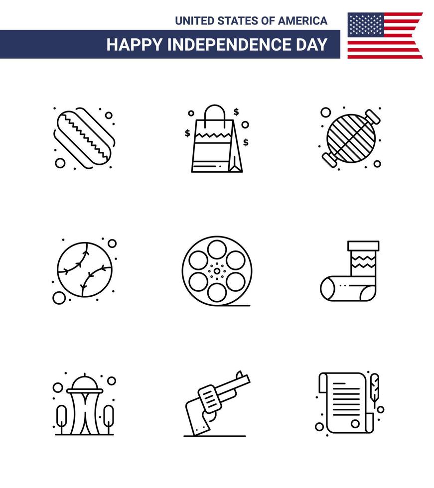 feliz dia da independência 4 de julho conjunto de pictograma americano de 9 linhas de jogo estados unidos de churrasco americano editável dia dos eua vetor elementos de design