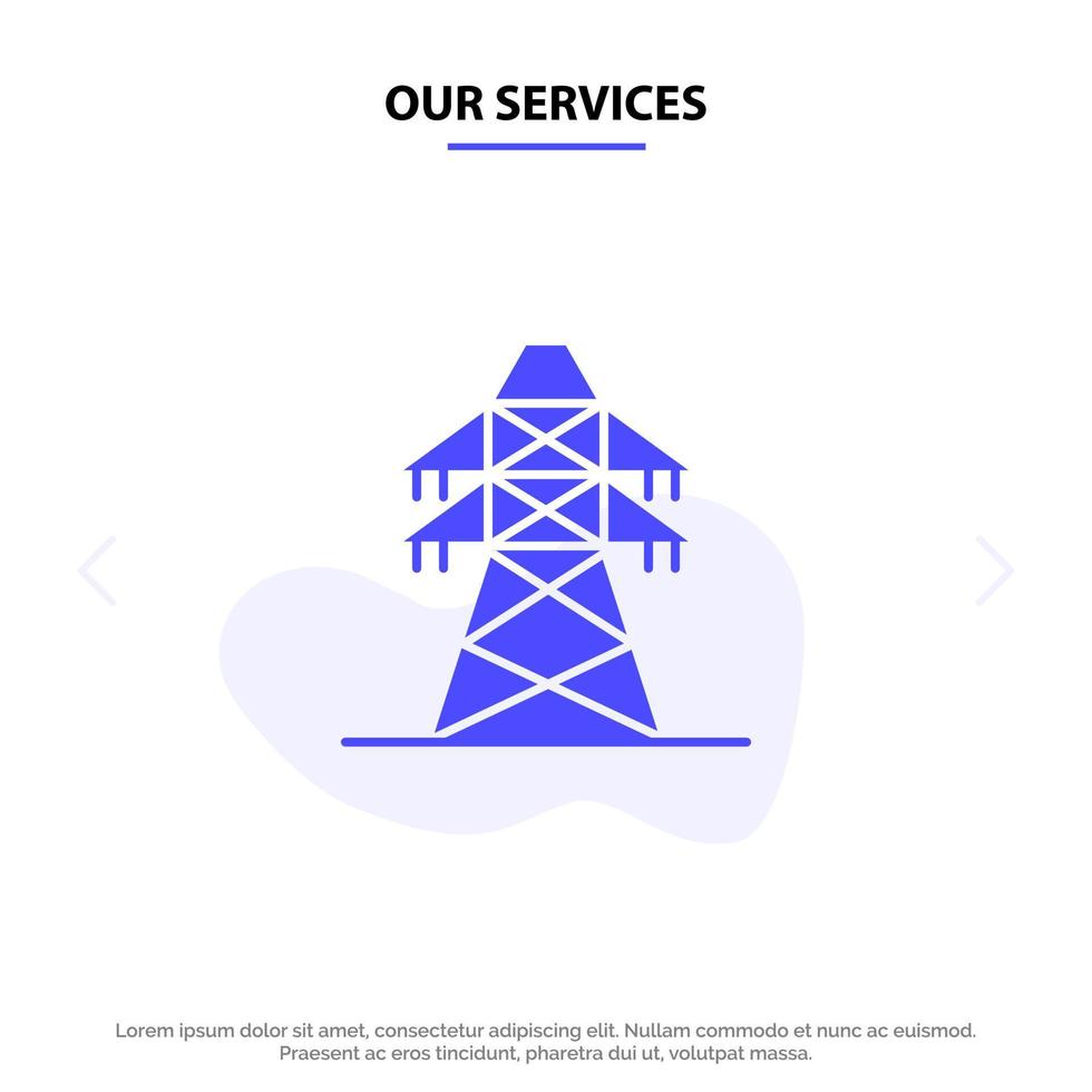 nossos serviços modelo de cartão web de ícone de glifo sólido de torre de transmissão de energia elétrica vetor