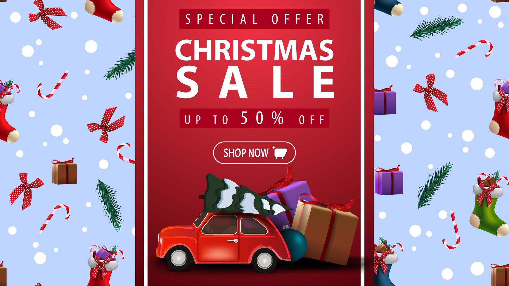 oferta especial, liquidação de natal, até 50 de desconto, lindo banner de desconto com fita vertical vermelha, textura de natal no fundo e carro vintage vermelho com árvore de natal vetor