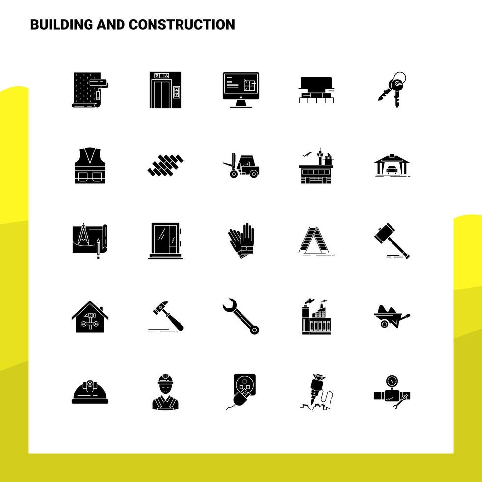 25 conjunto de ícones de construção e construção modelo de ilustração vetorial de ícone de glifo sólido para web e ideias móveis para empresa de negócios vetor