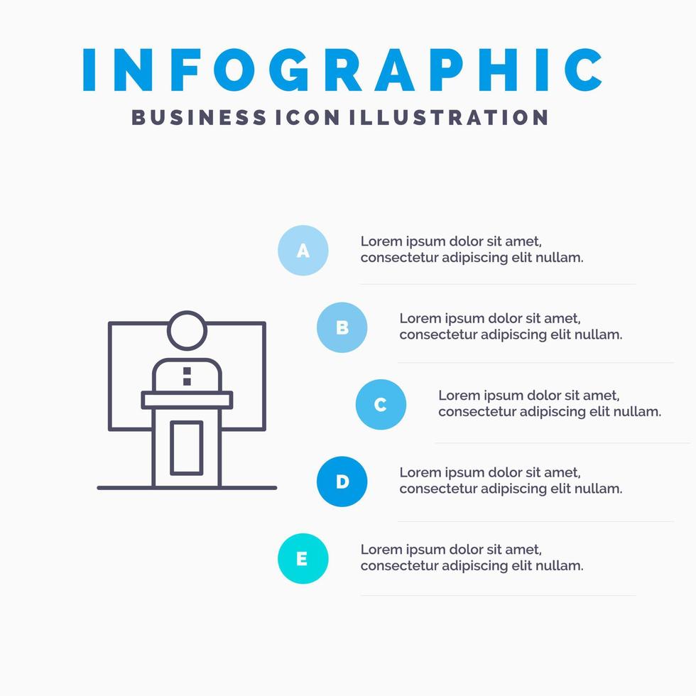 ícone de linha de alto-falante de sala de apresentação de evento de conferência de negócios com fundo de infográficos de apresentação de 5 etapas vetor