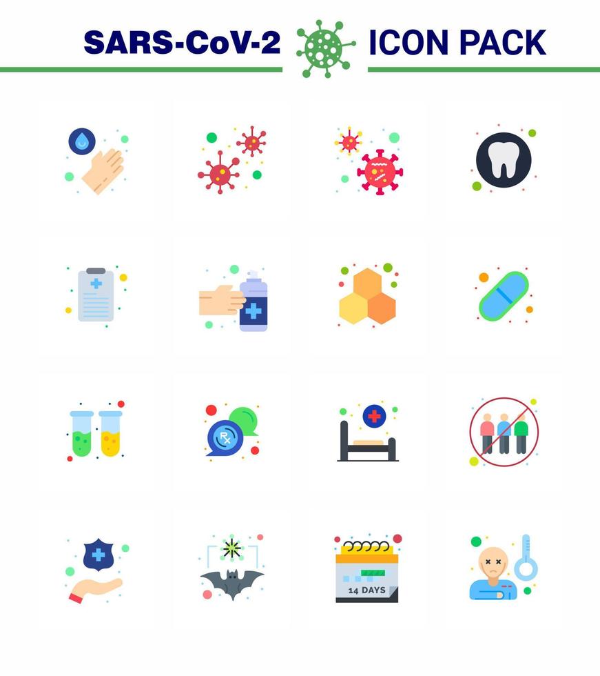 Pacote de ícones de vírus corona de 16 cores planas, como vírus de dente de gráfico de paciente, coronavírus viral odontológico médico, elementos de design de vetor de doença de 2019nov