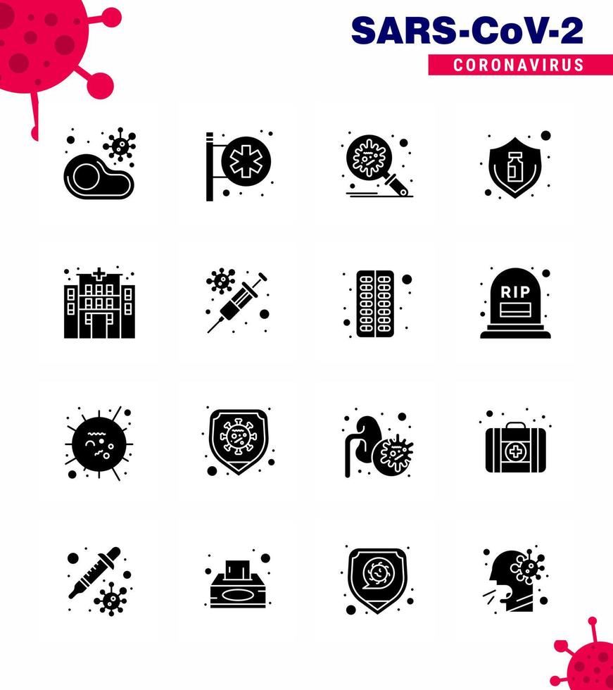 conjunto de ícones covid19 para infográfico 16 pacote preto de glifo sólido, como centro médico de vacina contra gripe, proteção contra propagação de coronavírus viral 2019nov elementos de design de vetor de doença